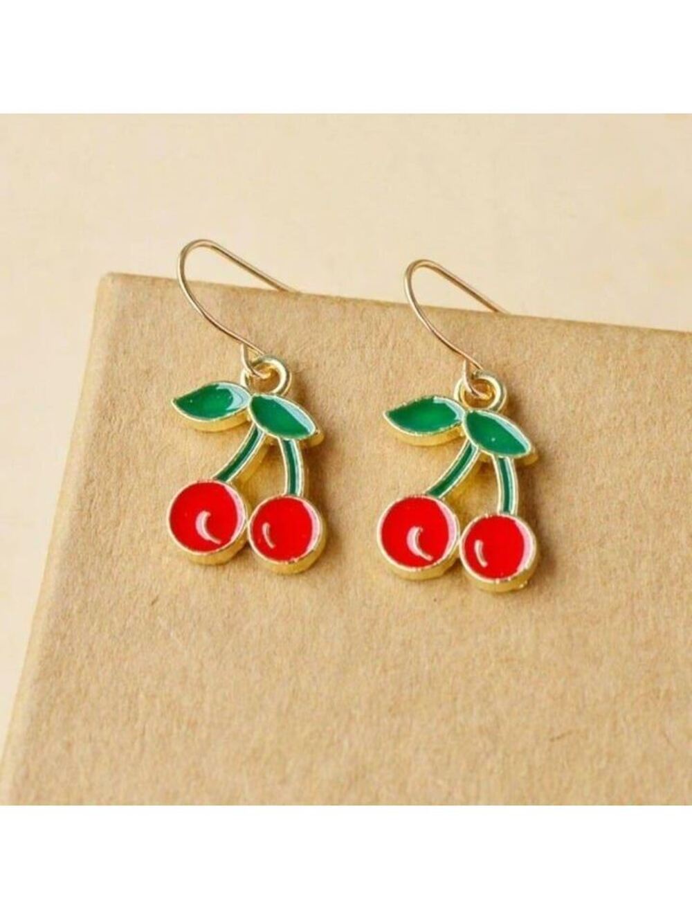 Red Cherries Enamel Charm Gold Earrings